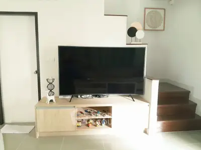 Modern living room with sleek TV setup and stylish decor