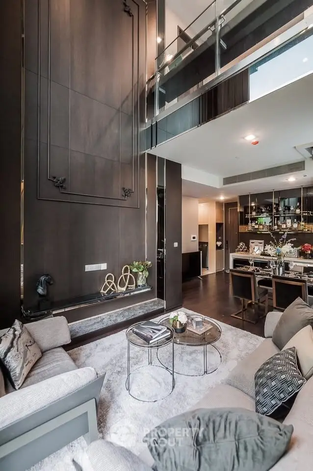 Luxurious modern living room with high ceilings and elegant decor
