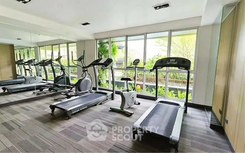 Modern gym with large windows and exercise equipment in a bright, airy space.