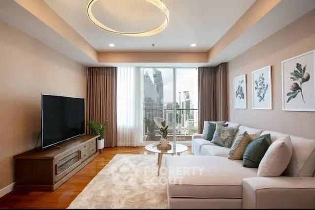 Luxurious living room with modern decor and stunning city view.
