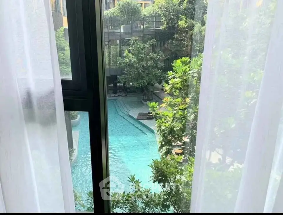 Luxurious pool view from a window with lush greenery and serene ambiance.