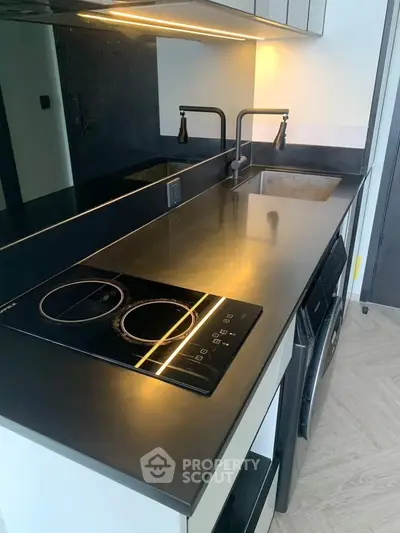 Modern kitchen with sleek black countertop and built-in appliances in a stylish apartment.