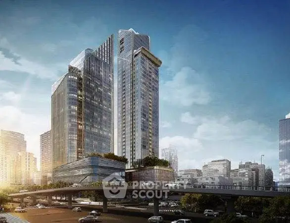 Stunning modern skyscraper with sleek design in bustling urban setting