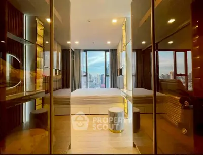 Luxurious bedroom with stunning city view and modern decor