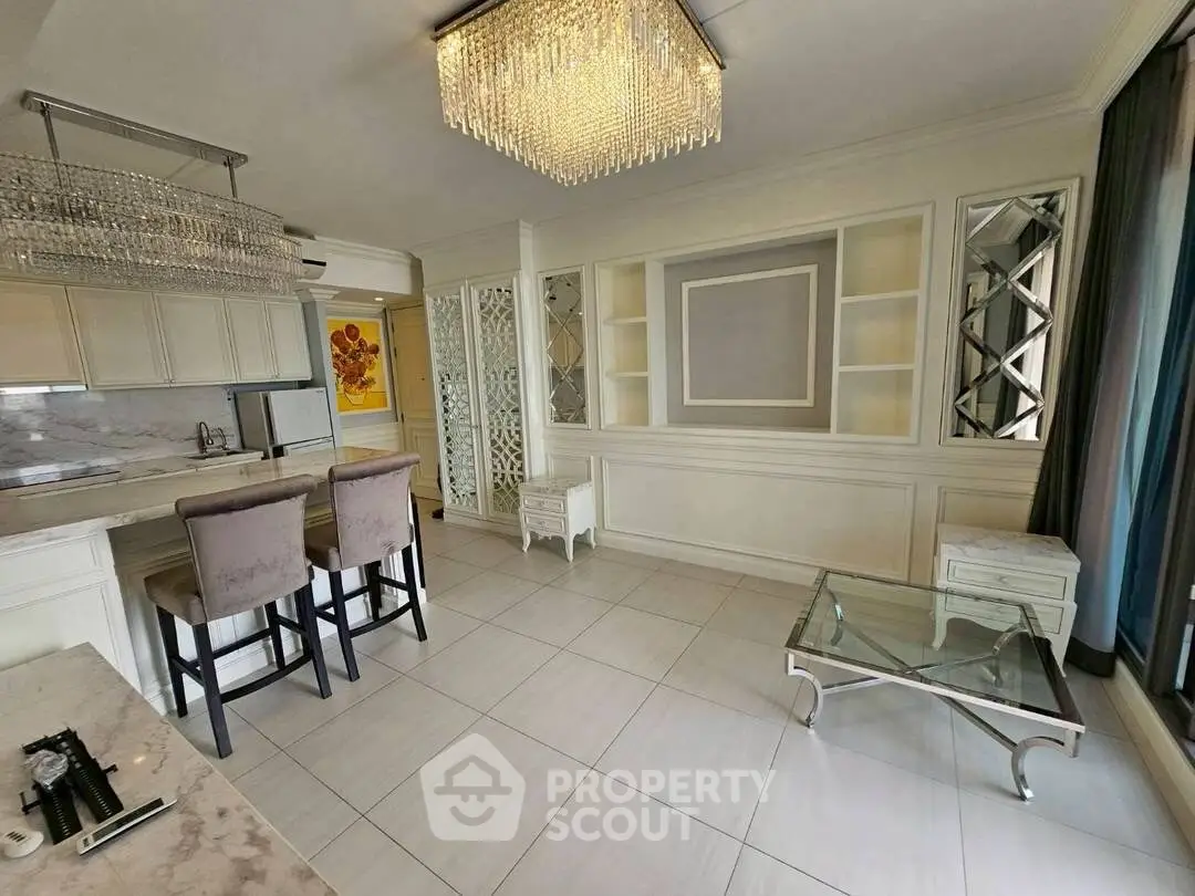 Elegant living room with chandelier and modern decor