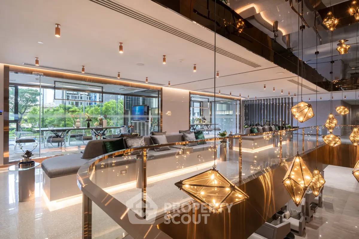 Luxurious modern living room with elegant lighting and spacious seating area