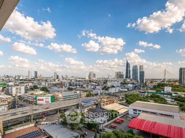 Stunning cityscape view from high-rise building with clear blue sky and urban skyline.