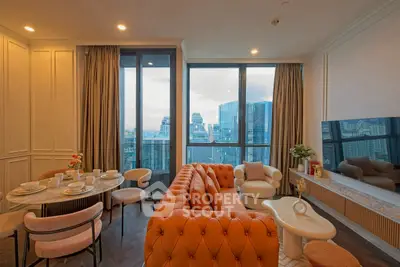 Luxurious living room with stunning city view, elegant furniture, and floor-to-ceiling windows in a high-rise apartment.