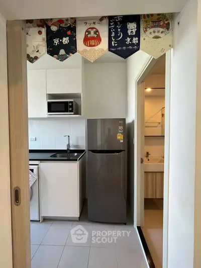 Compact modern kitchen with sleek appliances and stylish decor in a cozy apartment setting.