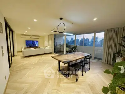 Spacious modern living room with city view and elegant dining area