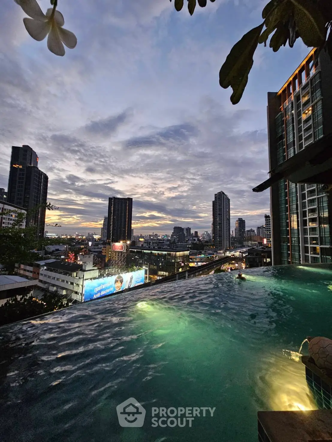 Stunning rooftop pool with panoramic city skyline view at sunset.
