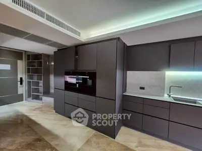 Modern kitchen with sleek cabinetry and built-in appliances in a luxury apartment.