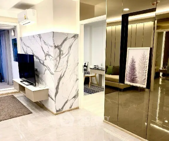 Luxurious modern living room with marble accents and sleek design