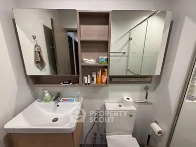 Modern bathroom with sleek vanity and mirrored cabinets, featuring a clean and functional design.