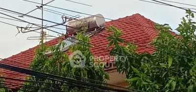 Charming red-tiled roof with solar water heater and lush greenery, perfect for eco-friendly living.