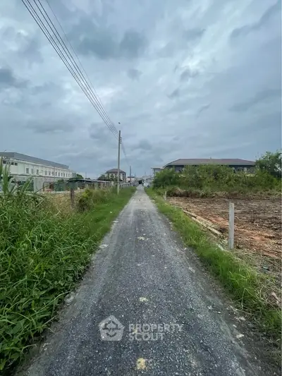 Scenic rural road with lush greenery and residential houses under a cloudy sky.
