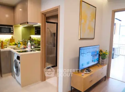 Modern apartment interior with stylish kitchen and cozy living area