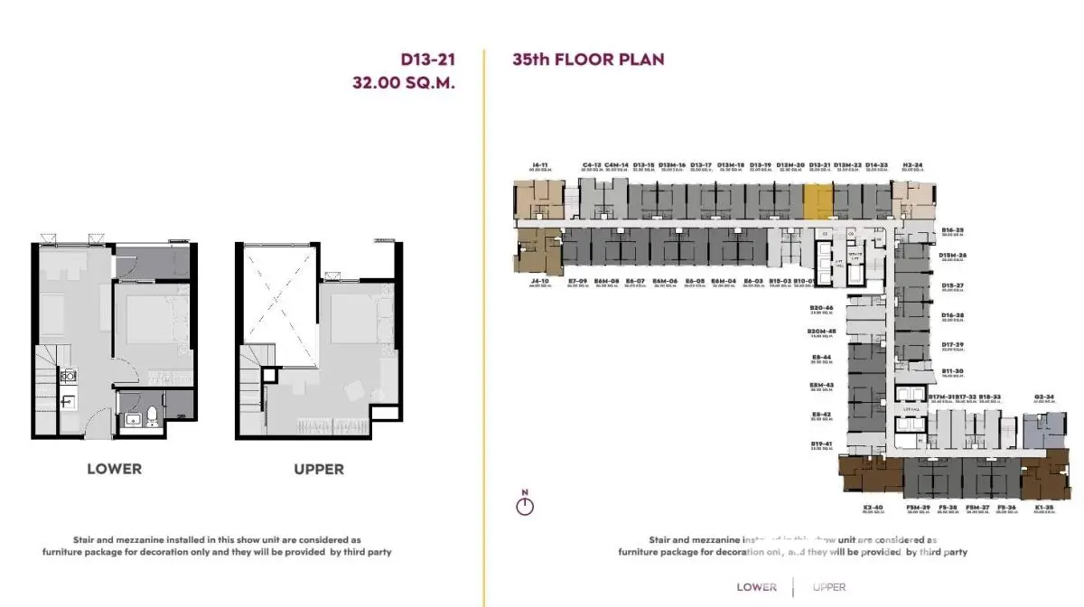 Detailed 35th floor plan showcasing lower and upper layouts with precise room dimensions.