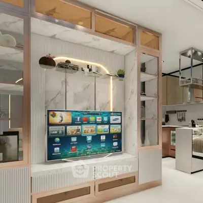 Modern living room with built-in TV unit and stylish decor