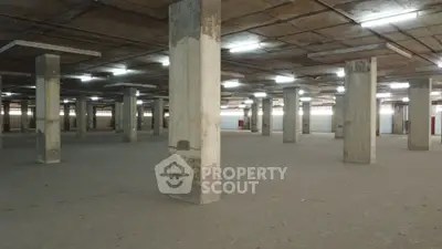 Spacious underground parking area with concrete pillars and ample lighting.