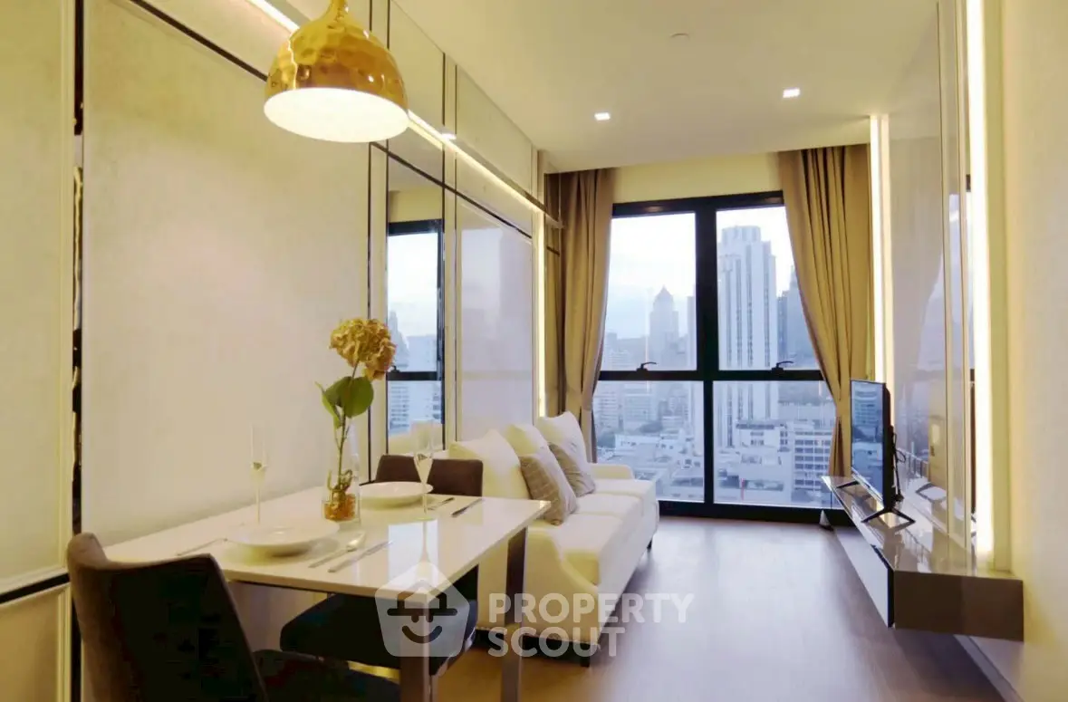 Luxurious modern living room with city view and elegant decor