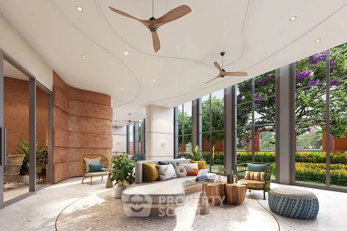 Luxurious modern living room with large windows and garden view