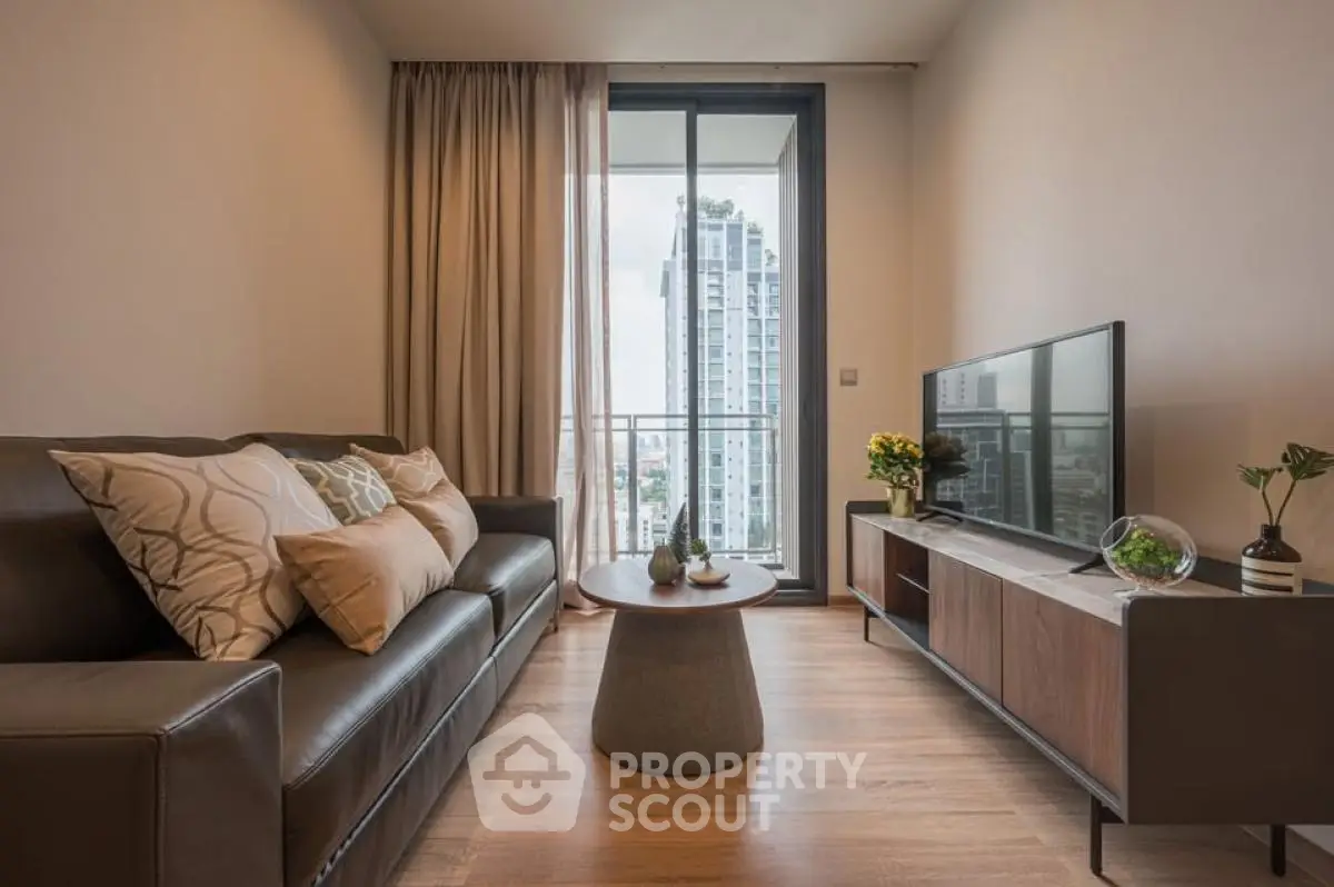 Modern living room with city view and stylish decor