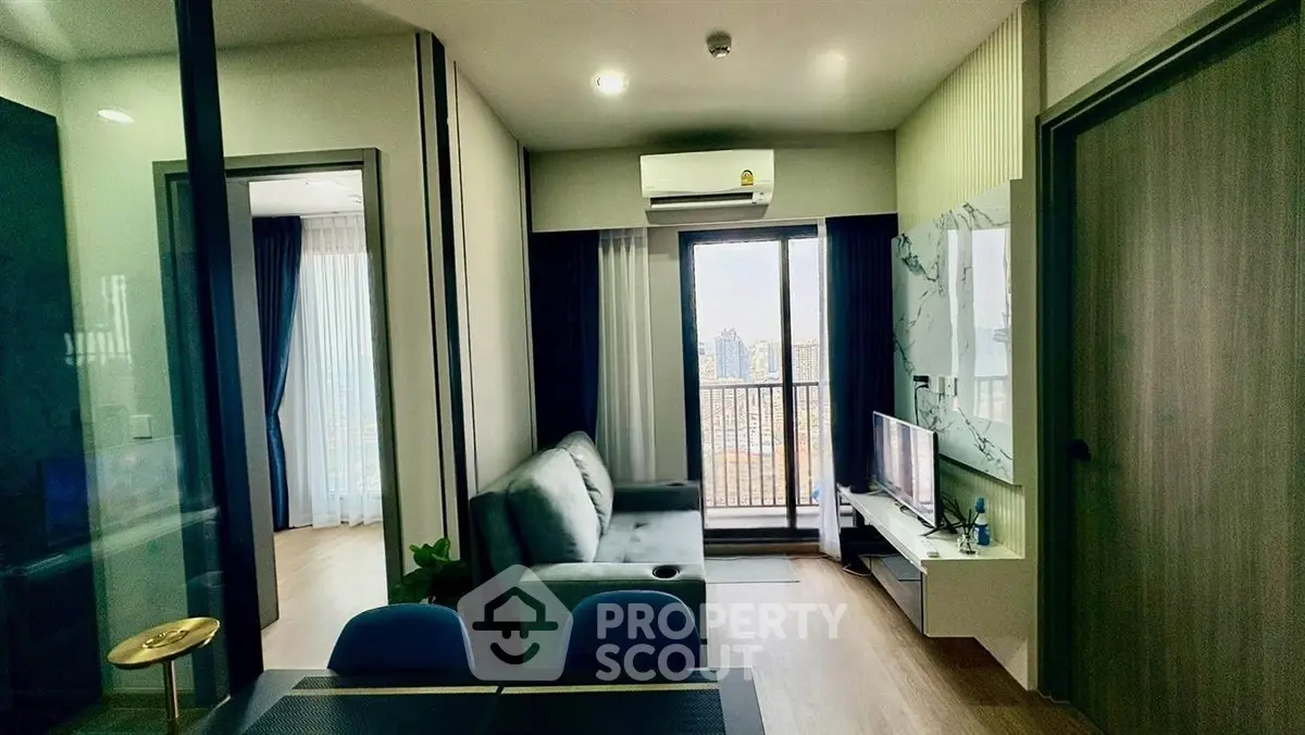 Modern living room with balcony view in stylish apartment