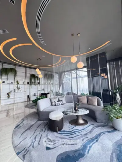 Luxurious modern living room with unique ceiling design and panoramic windows