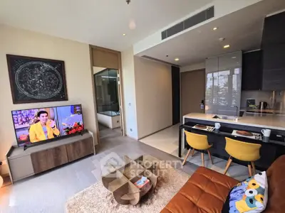 Modern living room with open kitchen and stylish decor