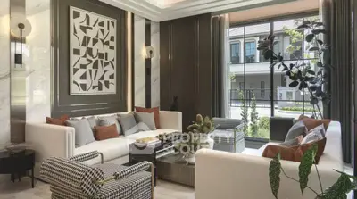 Luxurious modern living room with elegant decor and large windows offering garden views.