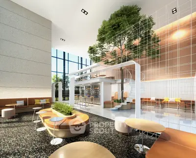 Luxurious modern lobby with high ceilings and stylish seating area