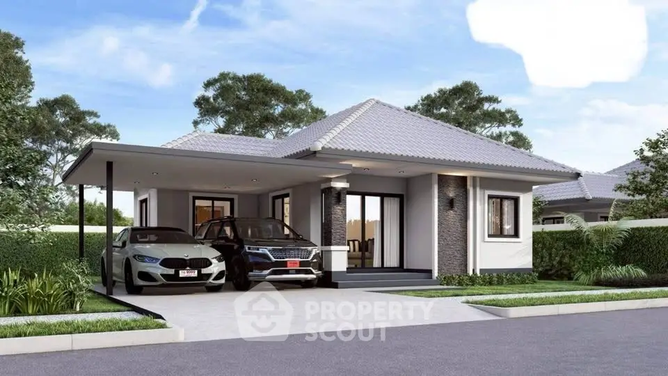 Modern single-story house with carport and landscaped garden