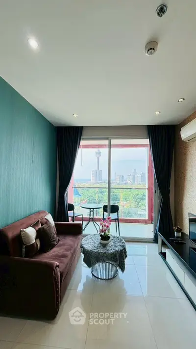 Modern living room with city view and stylish decor