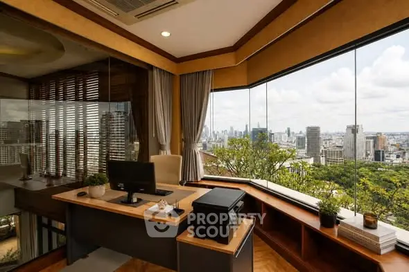 Luxurious corner office with panoramic city views and elegant furnishings