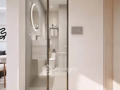 Modern bathroom with sleek design and round mirror in contemporary apartment.