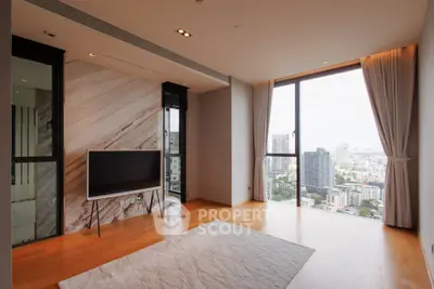 Spacious modern living room with panoramic city view and stylish decor
