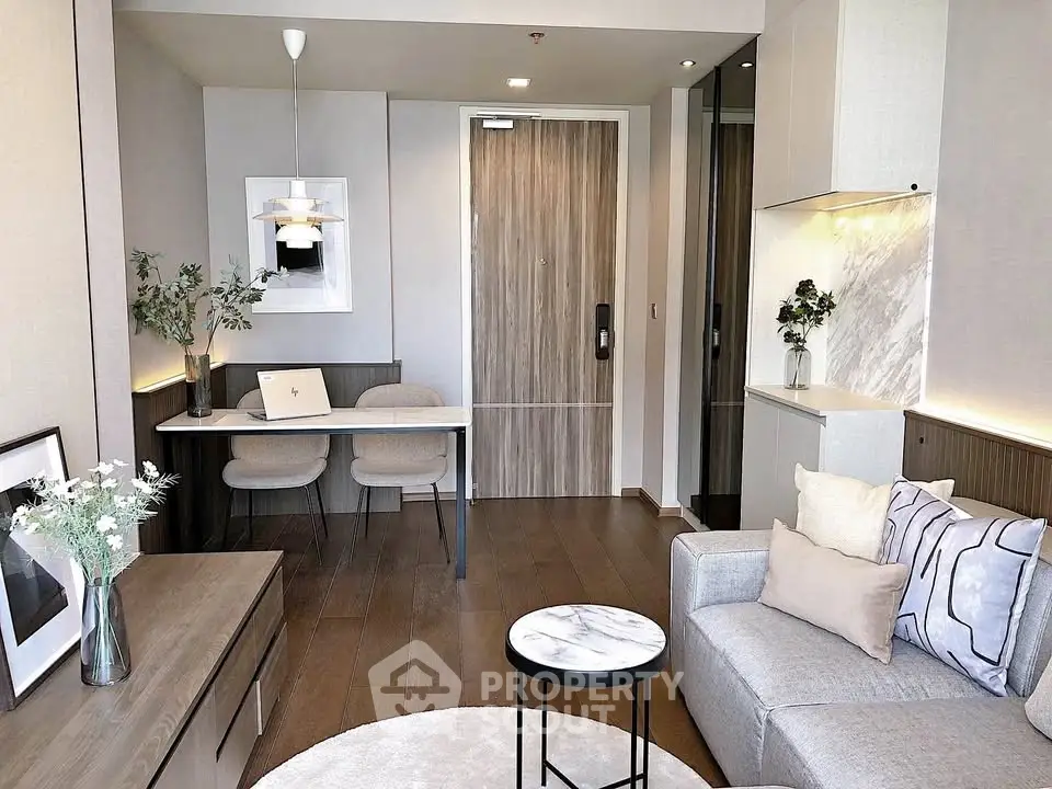 Modern living room with stylish decor and cozy seating area