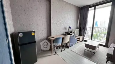 Modern living room with balcony view in high-rise apartment