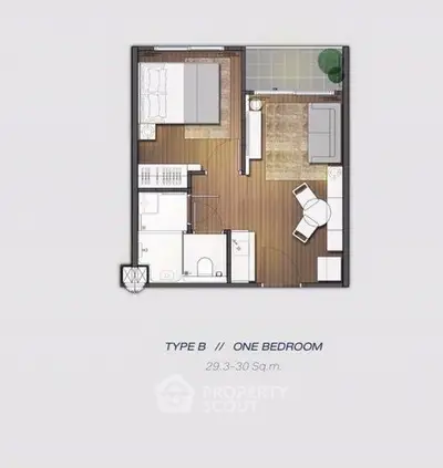 Modern one-bedroom apartment floor plan with balcony and open living space.