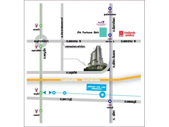 Map showing real estate location near Airport Rail Link in vibrant city area.