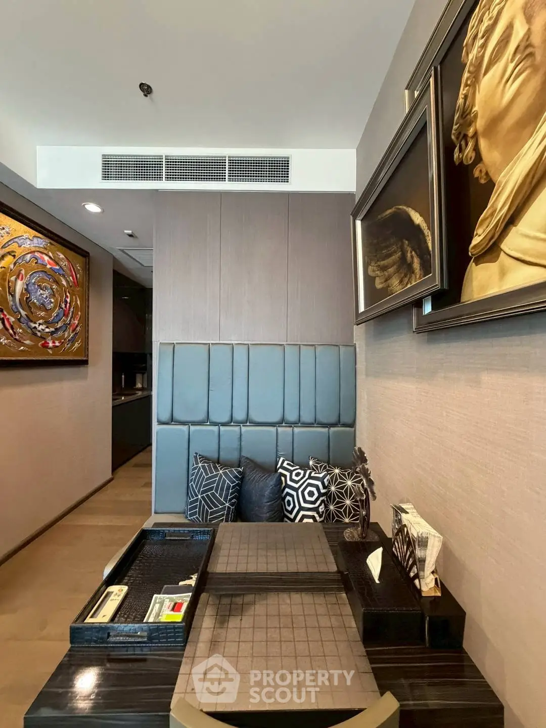Stylish modern living room with elegant decor and artistic wall art
