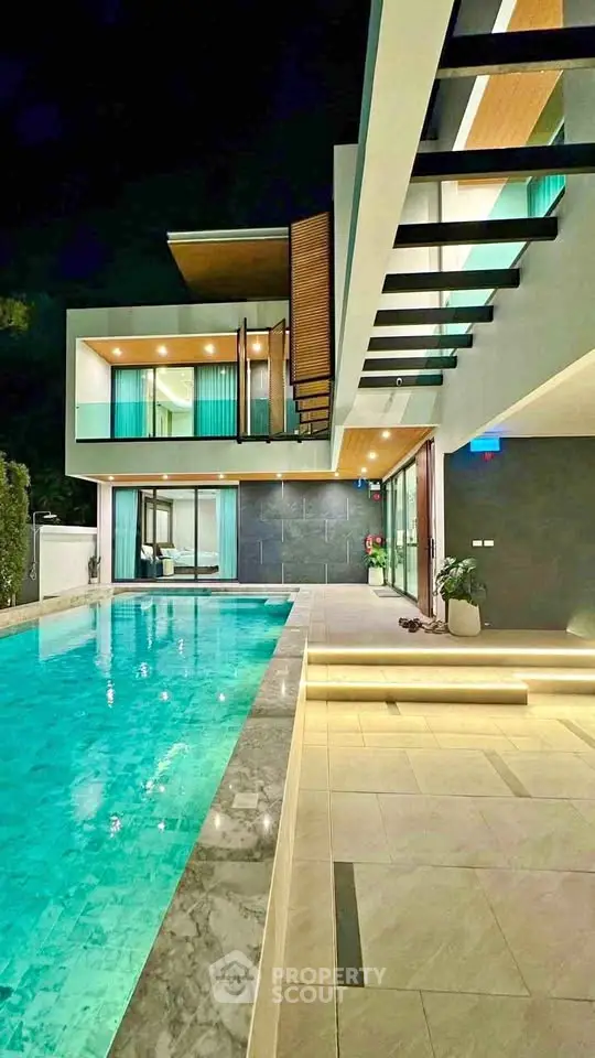 Luxurious modern villa with stunning pool and sleek architectural design at night.