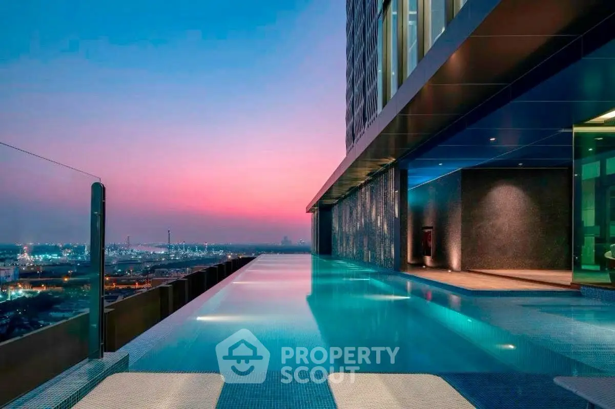 Luxurious rooftop infinity pool with stunning city skyline view at sunset.