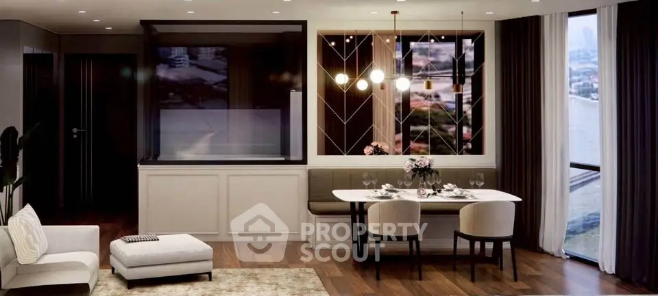 Luxurious modern living room with elegant dining area and stunning city view.