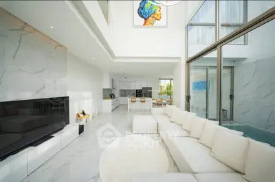 Luxurious modern living room with high ceilings and elegant marble flooring