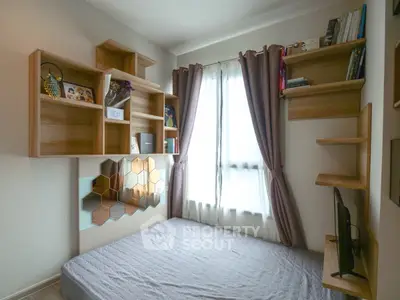 Modern bedroom with stylish shelving and natural light
