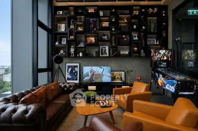 Luxurious living room with leather sofas, stylish decor, and entertainment setup in modern high-rise apartment.