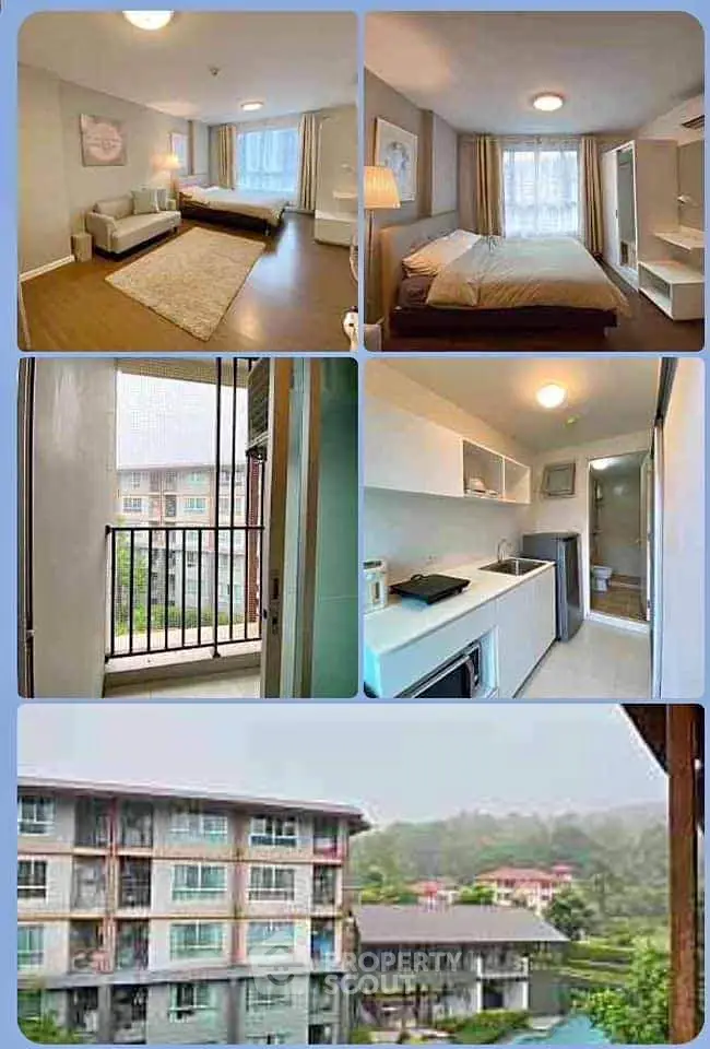 Modern apartment with spacious bedroom, cozy living area, and scenic balcony view.