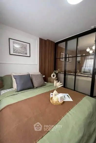 Cozy bedroom with modern decor and stylish wooden accents
